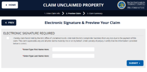 The electronic signature and submission page on the New York unclaimed property website