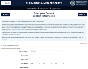 The contact information page on the New York unclaimed property website