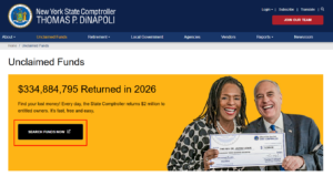 The homepage for New York's official unclaimed property website