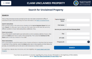 The search page for New York's official unclaimed property website