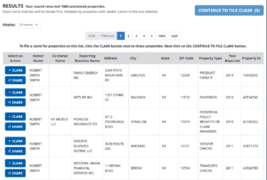 The search results page for New York's official unclaimed property website