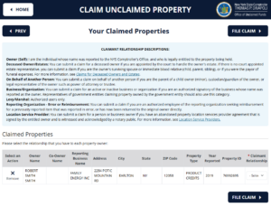 The page for selecting the claim relationship type on the New York unclaimed property website